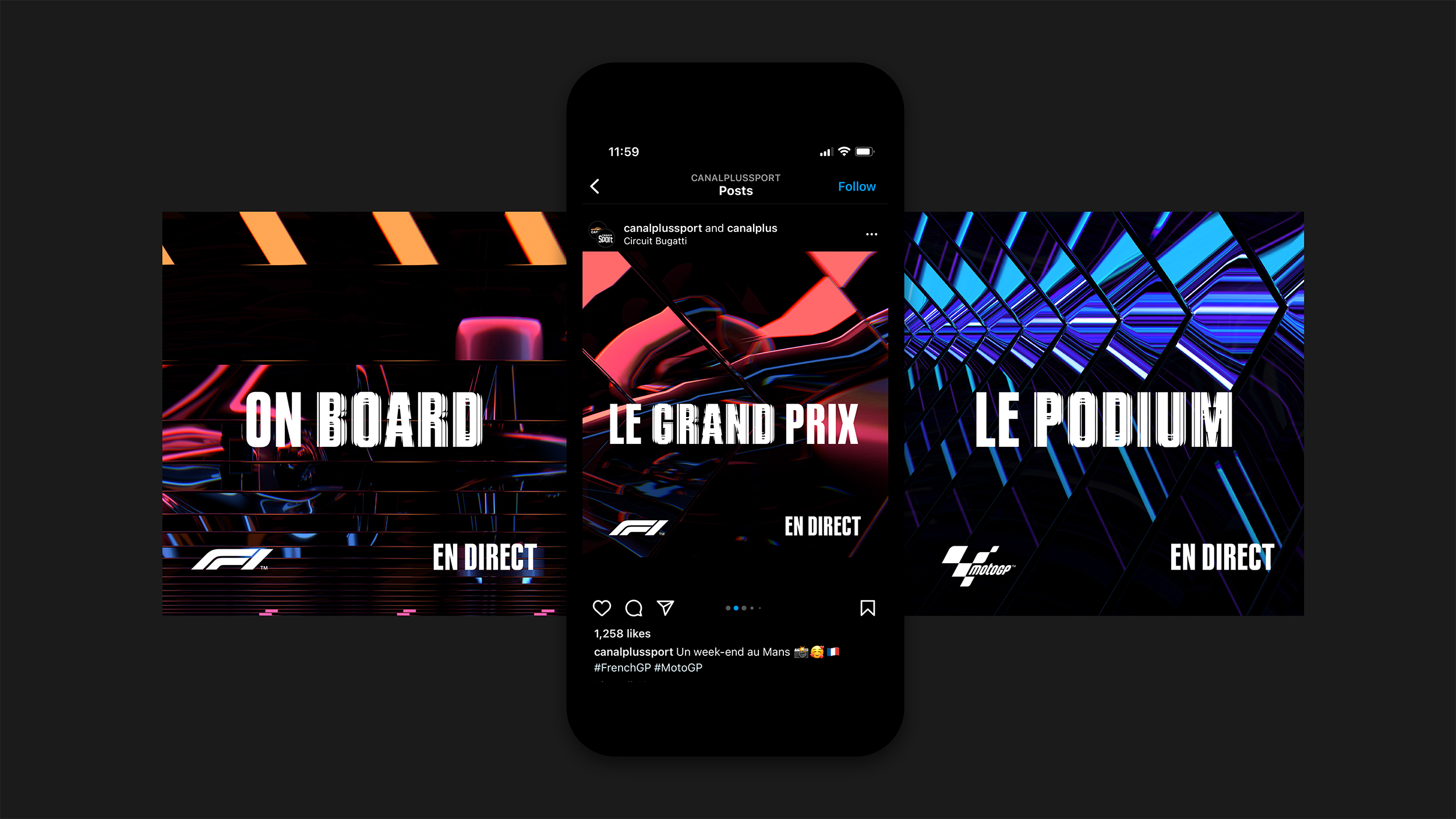 A mobile screen showing a digital display of instagram with Canal+ assets in a carousel
