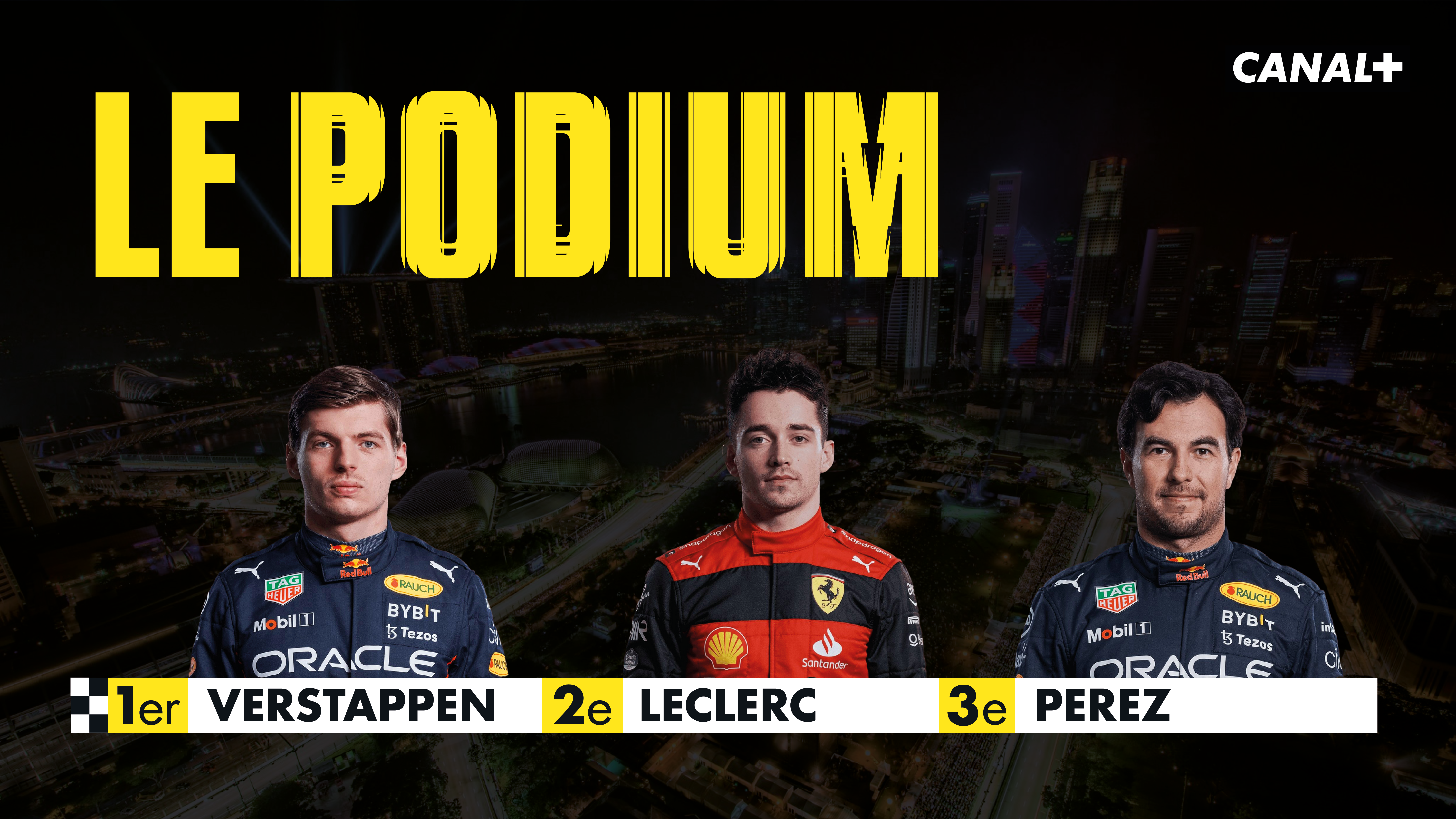 A podium picture of three race car drivers with Canal+ logo