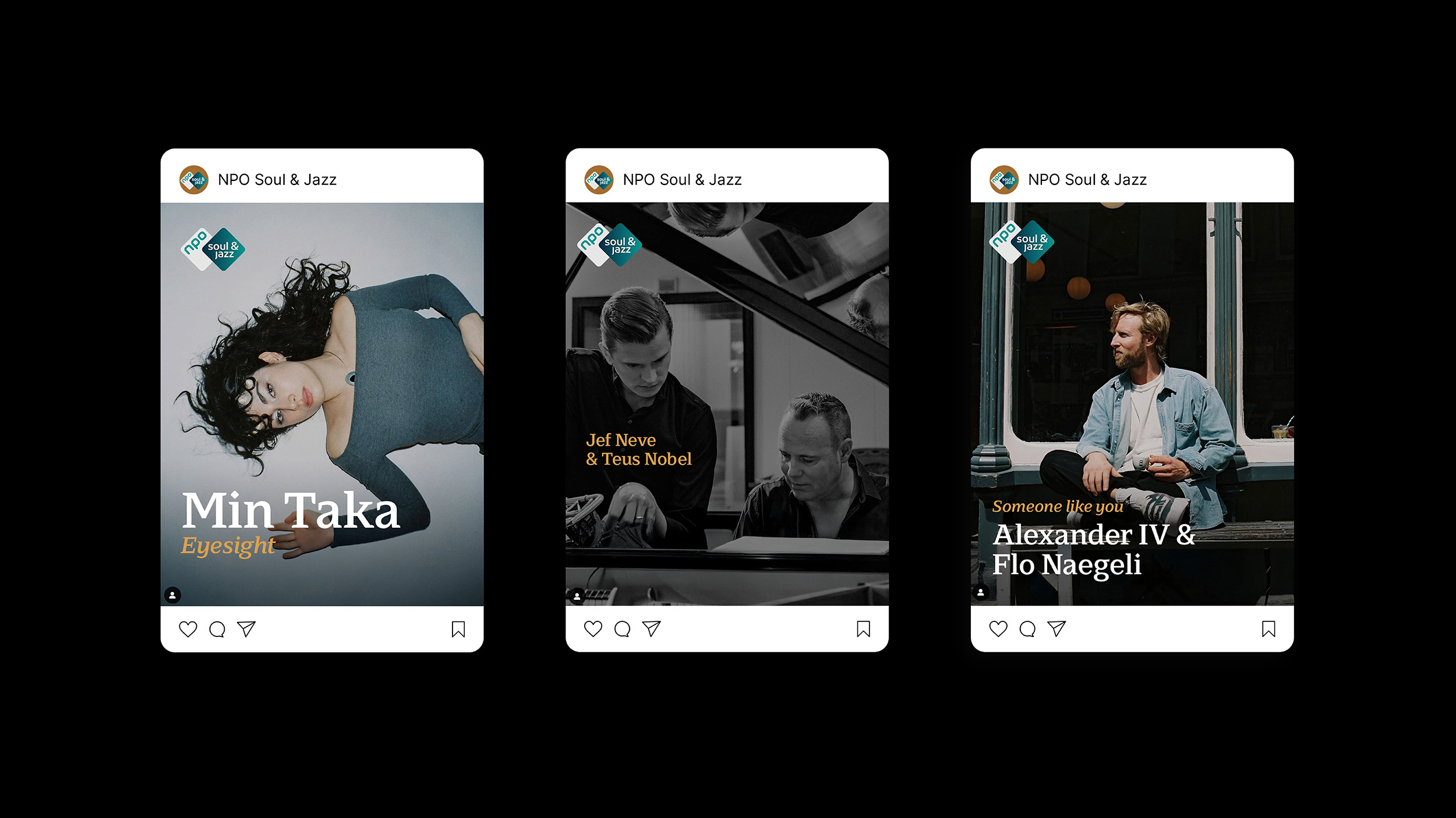 Three mobile screenshots of NPO instagram social posts showcasing lifestyle photography and type