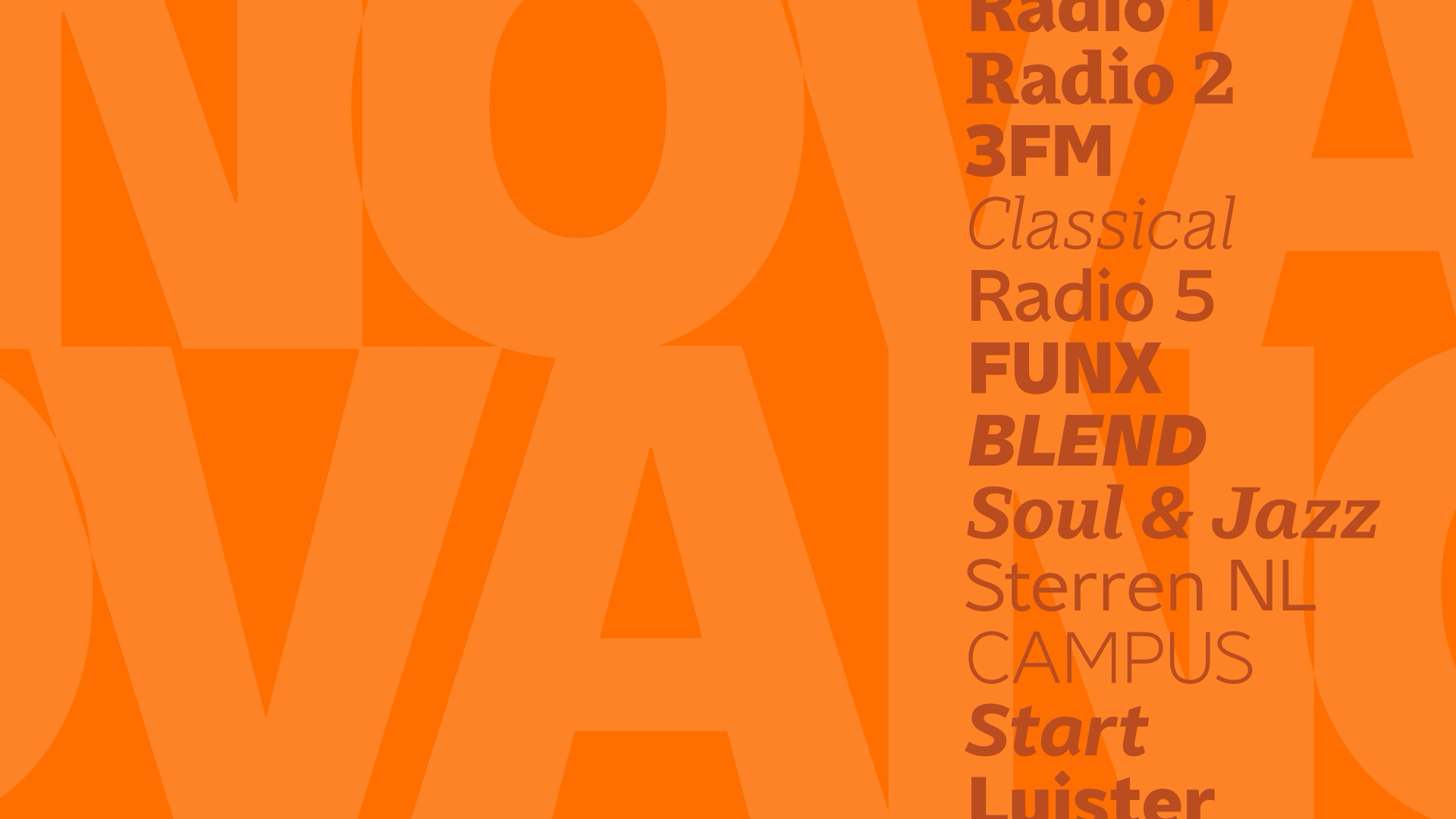 An orange asset that showcases NPO typeface in dark orange using various keywords